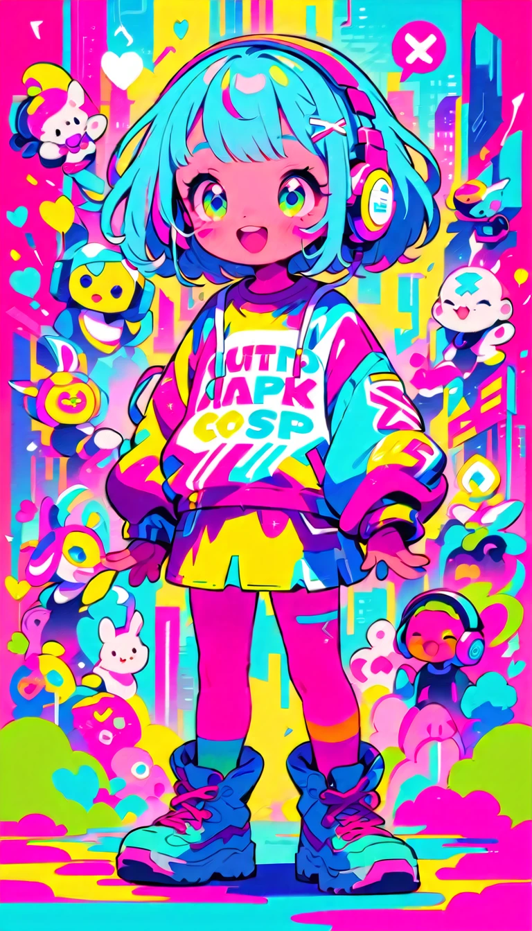 pop、bright、colorful, 1 female, Light blue hair,　short hair、Happy,cute, animation style, kawaii, clearly, colorful cyberpunk, bubblegum pop, cute、Pink and light blue as main colors, Headphonesをしている、Headphones、whole body, entire body, standing, simple background,