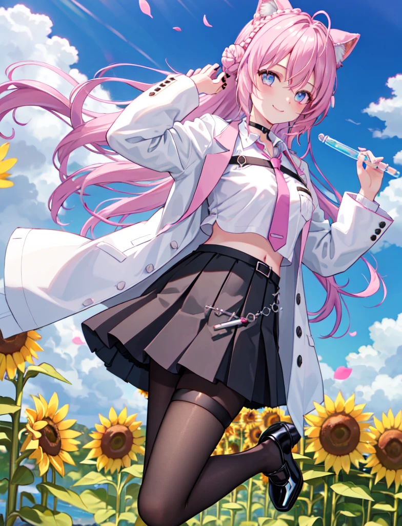 cute ,alone,Wind,smile,Lens flare,dramatic, Coastal,
Flying petals, flowery Field, null, sun,Field, sunflower, masterpiece, long hair, hair bun, double bun, braided bun, crown braid, hexagon, choker, black choker, necktie, pink necktie, shirt, white shirt, collared shirt, crop top, crop top overhang, fingernails, nail polish, pink nails, watch, pocket watch, midriff, navel, belt, skirt, miniskirt, black skirt, pleated skirt, frills, frilled skirt, test tube, pantyhose, black pantyhose, thigh strap, shoes, black footwear, high heels, coat, labcoat, white coat, open coat, open clothes, long sleeves, sleeves past wrists, pocket