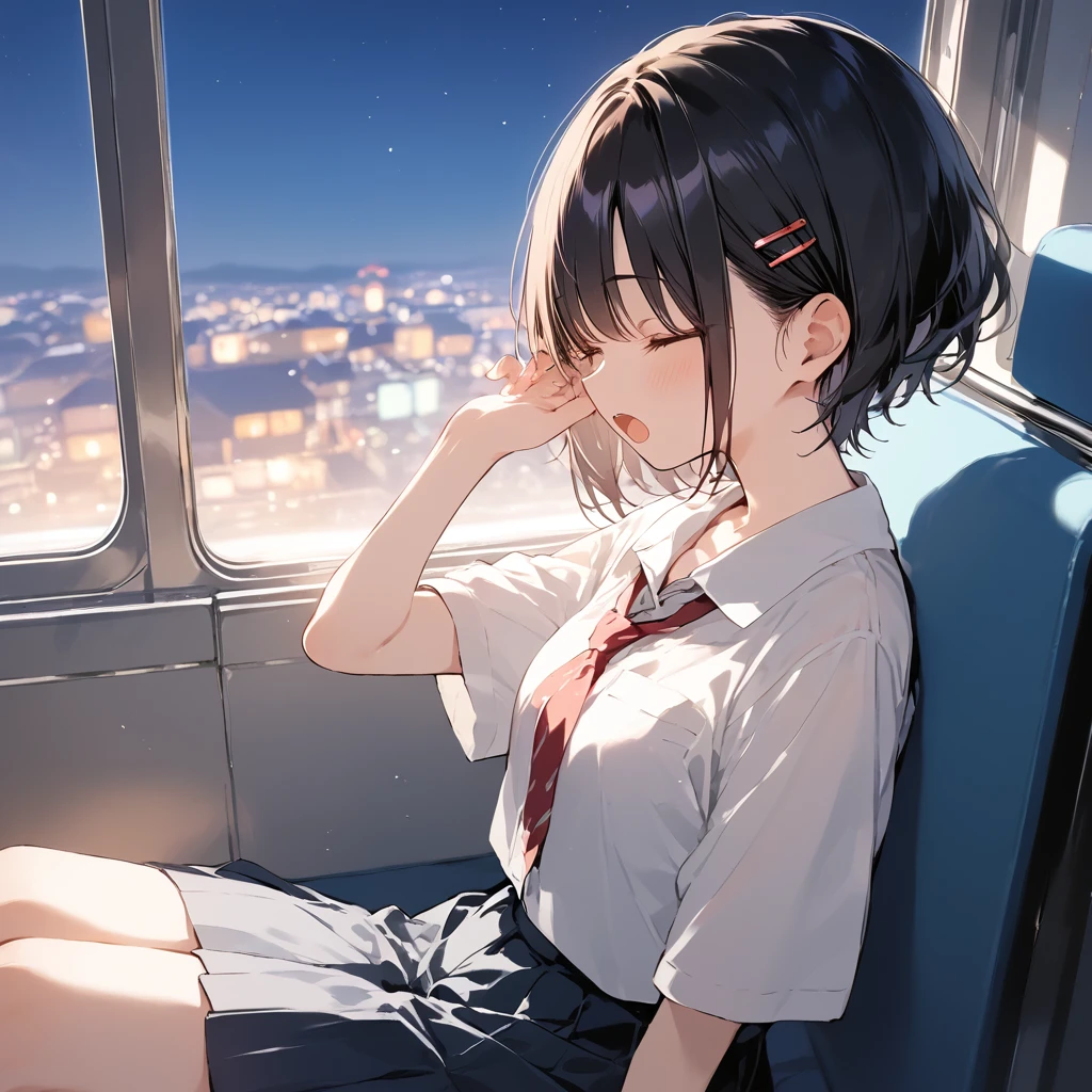 score_9, score_8_up, score_7_up, source_anime, best quality, masterpiece,ultra-detailed,official art, absurdres, highres, waifu2x, break,1girl, school girl, short hair, sit, open mouth, (yawn:0.3), sleepily,night, train, break,(clear line illustration:1.2),very high resolution, very aesthetic, super detailed skin, Best sexual lighting powered by famous artist, 8k,ero picture,beauty illustration,photoshop_(medium),,(Detailed Lighting),

