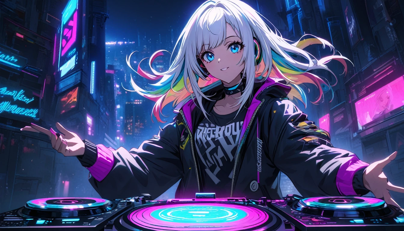 Handsome beautiful, Solitary, 1 female, Medium Length Hair, white hair, Rainbow hair, blue Eyes, Rainbow headphone, hip-hop stile, Futuristic, Cyberpunk, Cybernetics panoramic, in the night, real Dj, turn the turntable is uplifting,