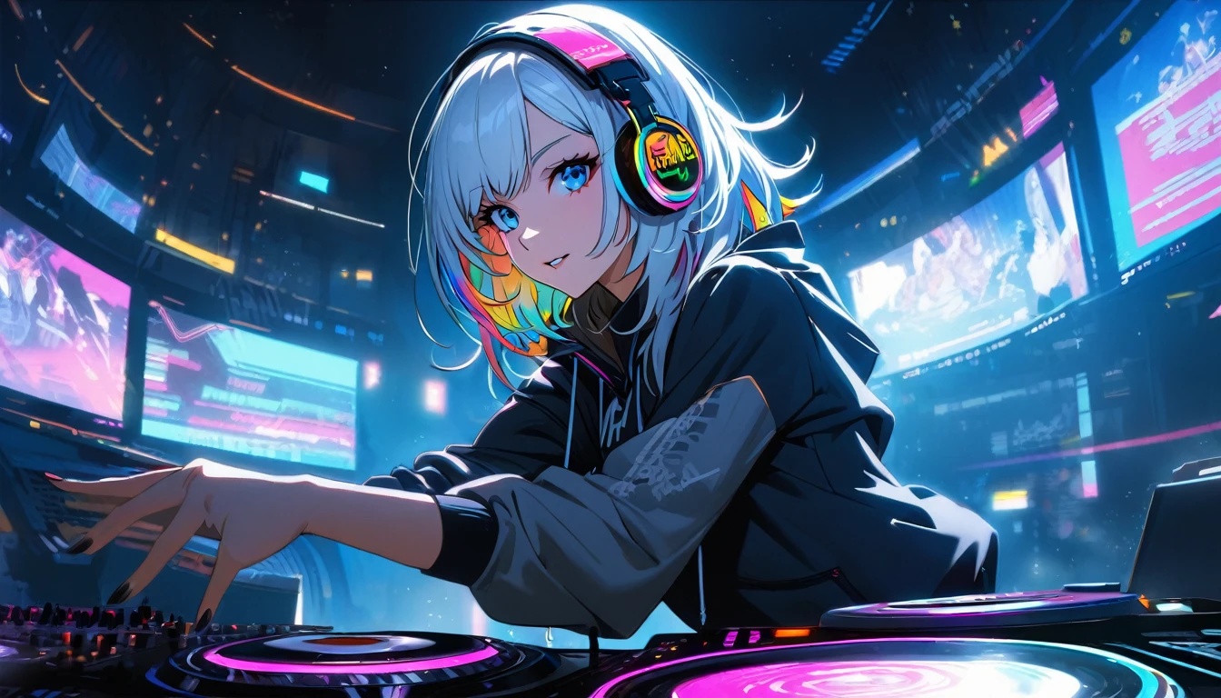Handsome beautiful, Solitary, 1 female, Medium Length Hair, white hair, Rainbow hair, blue Eyes, Rainbow headphone, hip-hop stile, Futuristic, Cyberpunk, Cybernetics panoramic, in the night, real Dj, turn the turntable is uplifting,