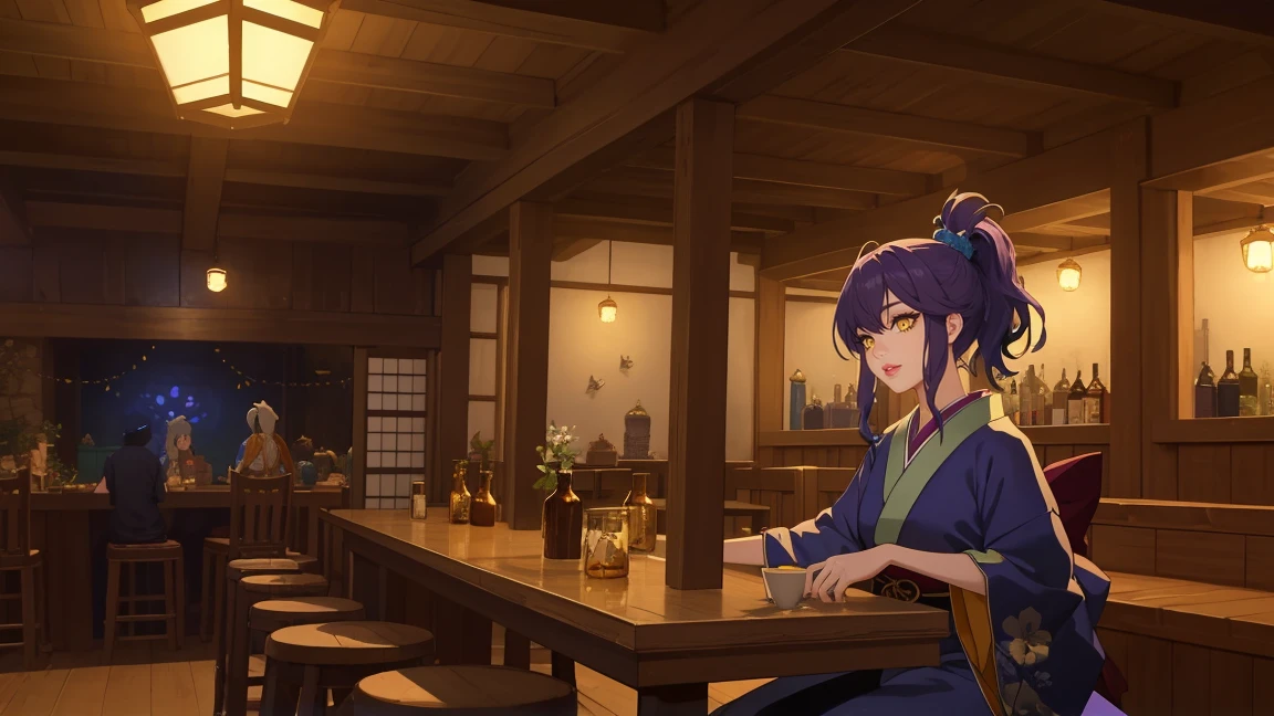 Anime style illustration of a female character based on SEED value 2768364320, depicted as a singer in a fantasy game tavern. The character is dressed in a whimsical, fantasy-inspired outfit, singing joyfully. Her deep blue-purple ponytail is styled dynamically. The background features a lively tavern scene with wooden tables, barrels, and warm lighting, creating an inviting and magical atmosphere, in the style of Japanese fantasy illustrations.
