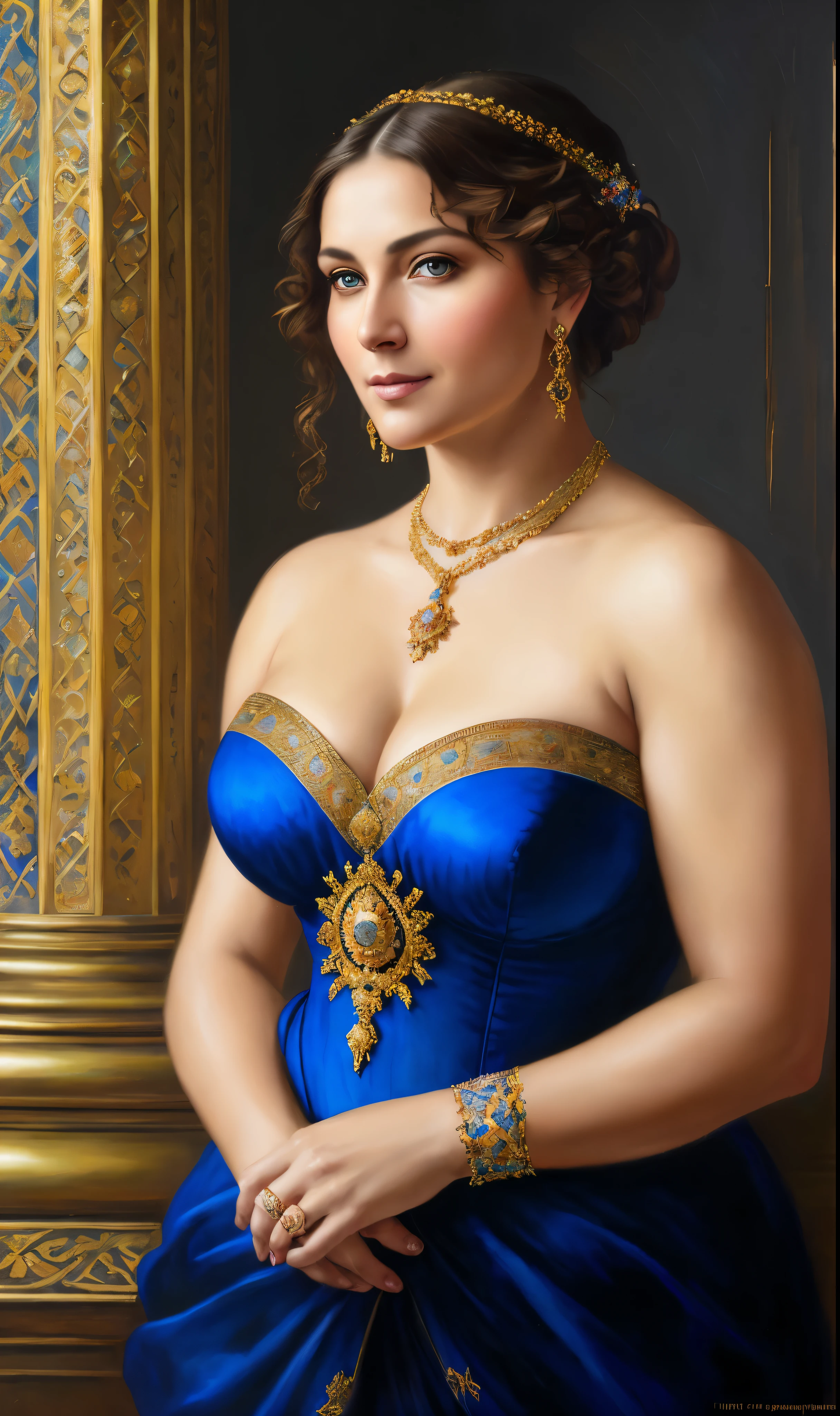portrait, extremely gorgeous, 45 years old Woman, middle ages, thick figure, classicism, andrey atroshenko style, painting, pierced eyes, beautifully styled hair, traditional media, realistic, figurative, fine art, oil on canvas, HDR, 8K, original character, high resolution, vivid colours, high detail, focus on the face, beautiful eyes