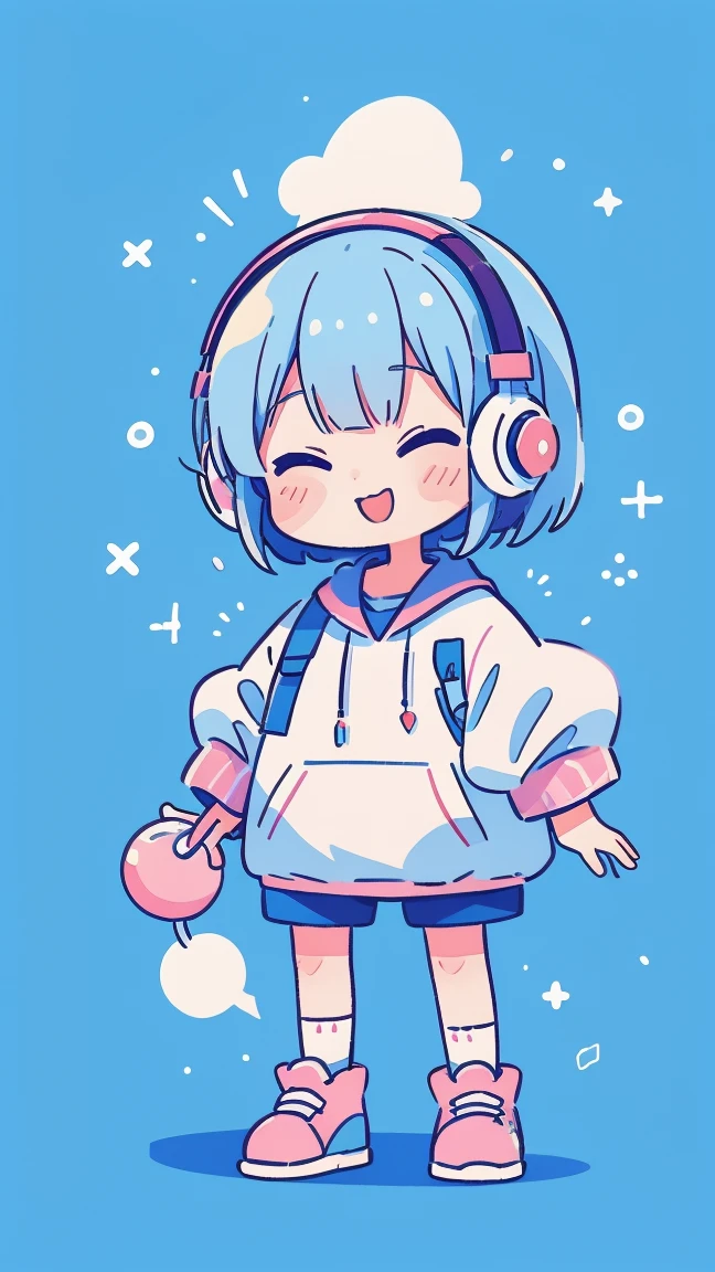 pop、bright、colorful, 1 female, Light blue hair,　short hair、Happy,cute, animation style, kawaii, clearly, colorful cyberpunk, bubblegum pop, cute、Pink and light blue as main colors, Headphonesをしている、Headphones、whole body, entire body, standing, simple background,