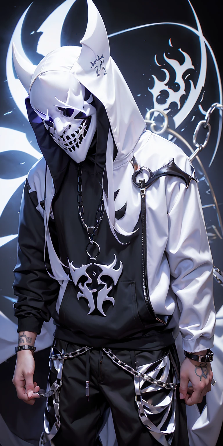 man wearing all back white mask with two horns , hoodi and Trousers Pants Harajuku with joradn white shoes, plaid pants, black pants, chain, tripppants, pants, strappy pants, ((demon white mask )) , alex_the_terrible_mask, hoodie, wearing a hoodie
