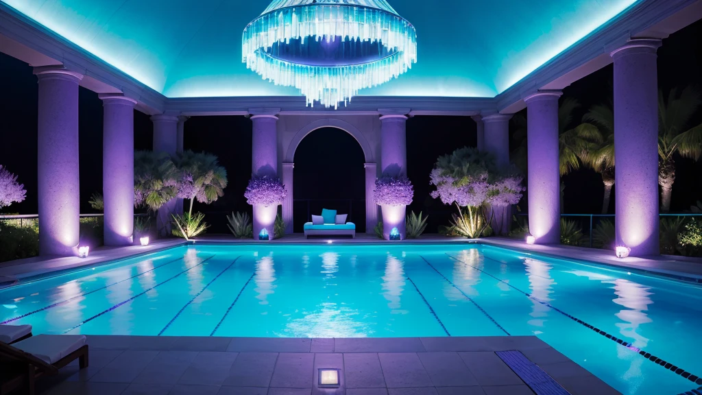 Long pool surrounded by palm trees, Illuminated swimming pool, Dream Pool, Infinity Pool, reflective lavender ocean water, Tropical Pool, Bright blue water, Iridescent pool, Cool purple slate blue lighting, Sit on the edge of the pool, purple and cyan lighting, Infinity Concentric Pool, Cool purple-grey lighting, Deep blue lighting, Blue accent lighting