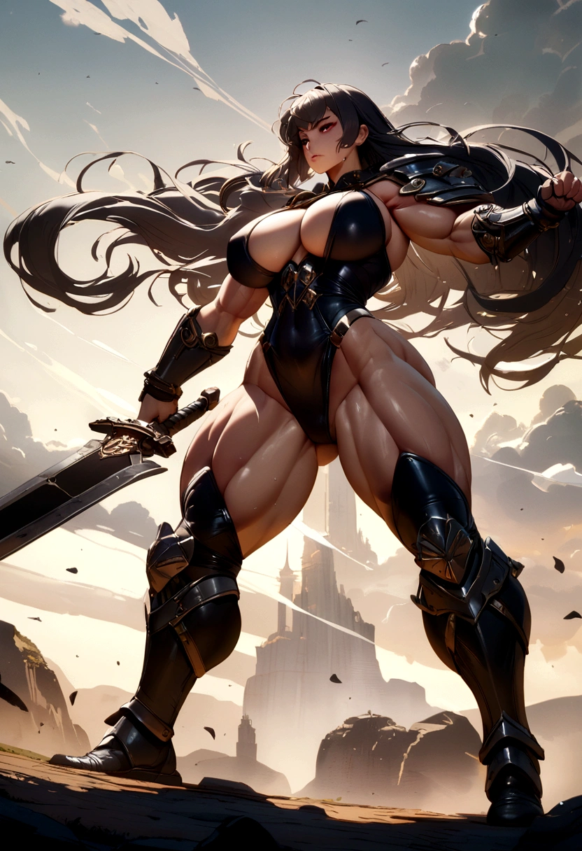 huge muscle girl dual wielding sword