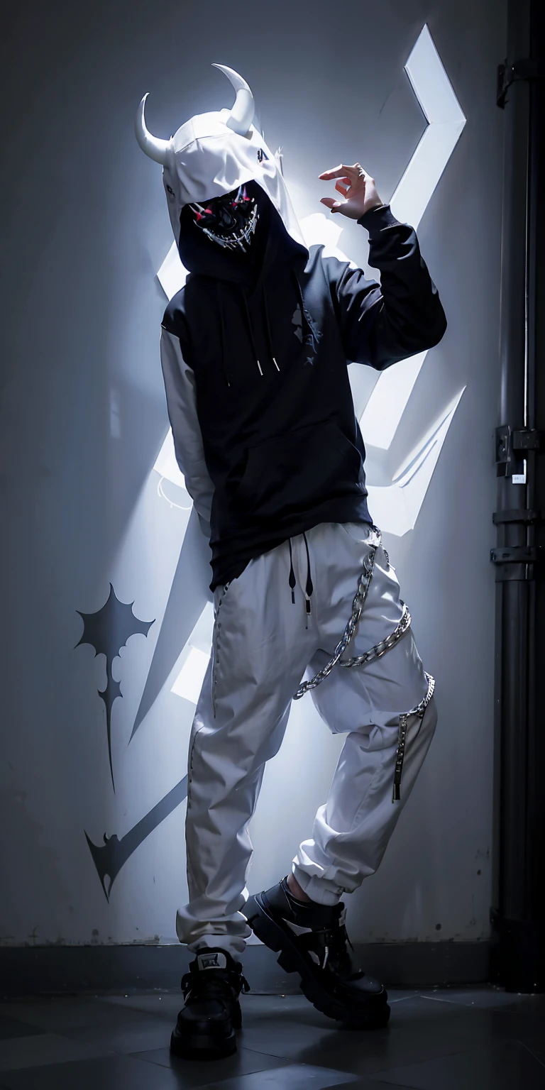 man wearing all back white mask with two horns , hoodi and Trousers Pants Harajuku with joradn white shoes, plaid pants, black pants, chain, tripppants, pants, strappy pants, ((demon white mask )) , alex_the_terrible_mask, hoodie, wearing a hoodie
