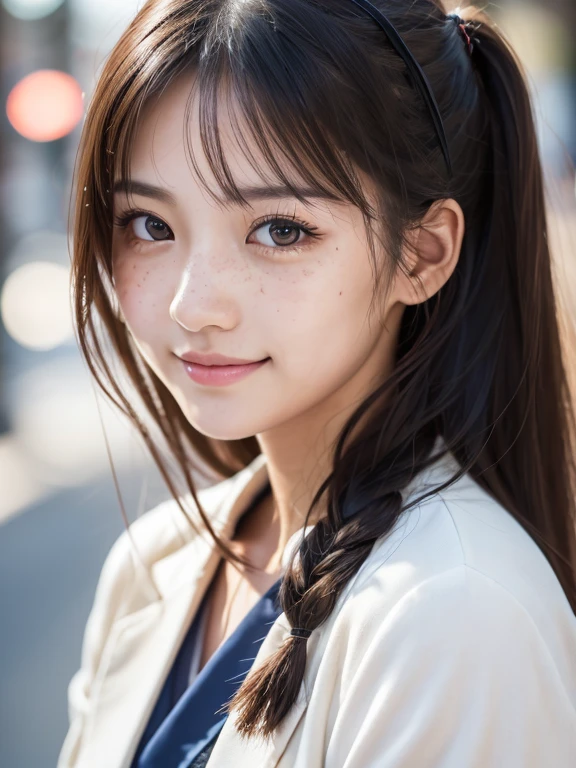 ((Cute 18 year old Japan))、on the road、Highly detailed face、Pay attention to the details、double eyelid、Beautiful thin nose、Sharp focus:1.2、Beautiful woman:1.4、Cute Hairstyles、Pure white skin、Highest quality、masterpiece、Ultra-high resolution、(Realistic:1.4)、Highly detailed and professional lighting、nice smile、Japan  blazer、turn around、freckles