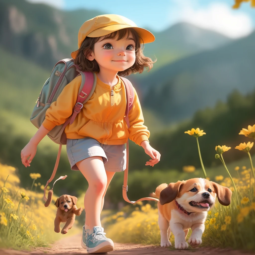 Prompt: An incredibly charming  carrying a backpack, accompanied by her adorable puppy, enjoying a lovely spring outing surrounded by beautiful yellow flowers and natural scenery. The illustration is in high definition at 4k resolution, with highly-detailed facial features and cartoon-style visuals.