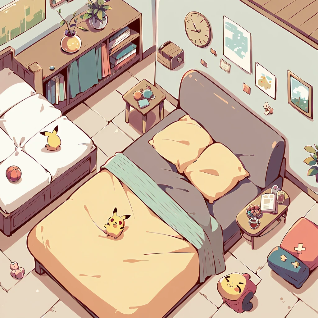 Create an adorable illustration of Pikachu taking a nap. Pikachu should be curled up on a comfy couch with a cozy blanket and a soft pillow. Surround Pikachu with a few toys and a book on a side table. The scene should feel warm and relaxing, perfect for a quiet afternoon nap