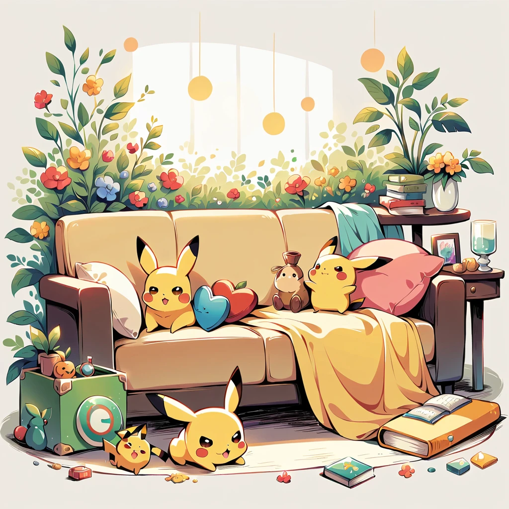 Create an adorable illustration of Pikachu taking a nap. Pikachu should be curled up on a comfy couch with a cozy blanket and a soft pillow. Surround Pikachu with a few toys and a book on a side table. The scene should feel warm and relaxing, perfect for a quiet afternoon nap
