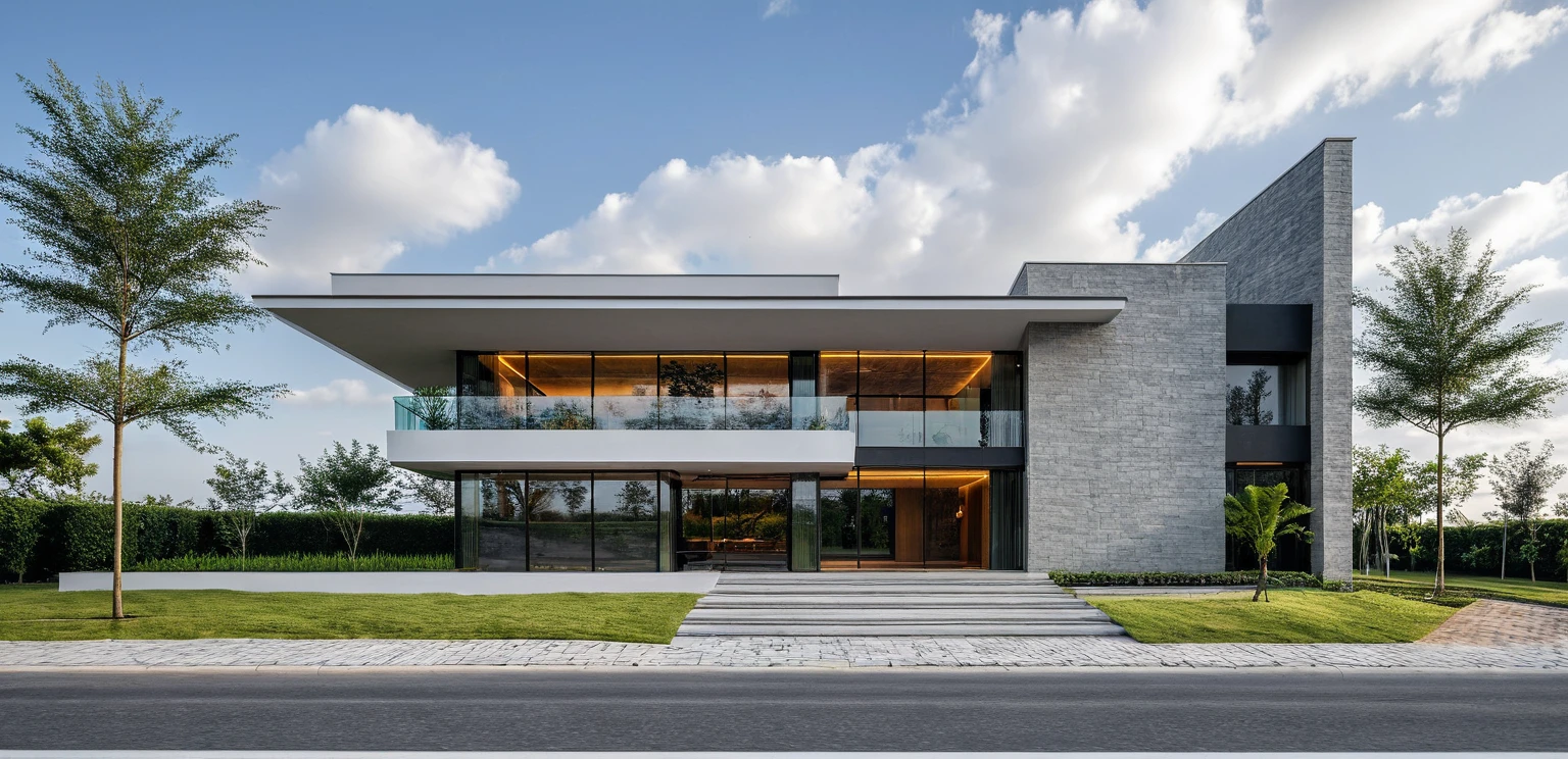 Masterpiece, high quality, best quality, 3d rendering, super detailed, outdoor, two-story villa, aiaigroup, modern house style on the street, stairs, white wall, accent wall Gray stone cladding on the left, road, sidewalk, grass, trees, sky, clouds, (daylight: 1.1)