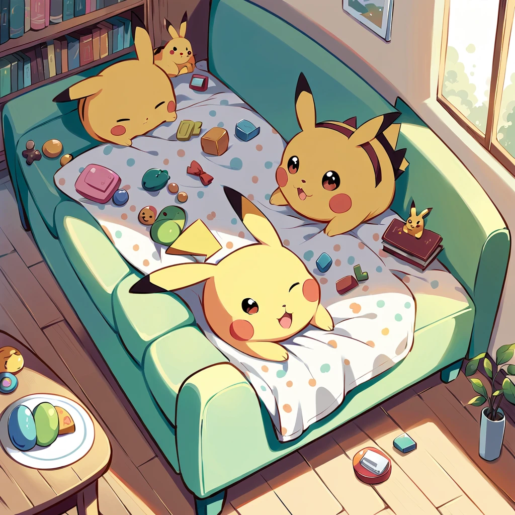 Create an adorable illustration of Pikachu taking a nap. Pikachu should be curled up on a comfy couch with a cozy blanket and a soft pillow. Surround Pikachu with a few toys and a book on a side table. The scene should feel warm and relaxing, perfect for a quiet afternoon nap