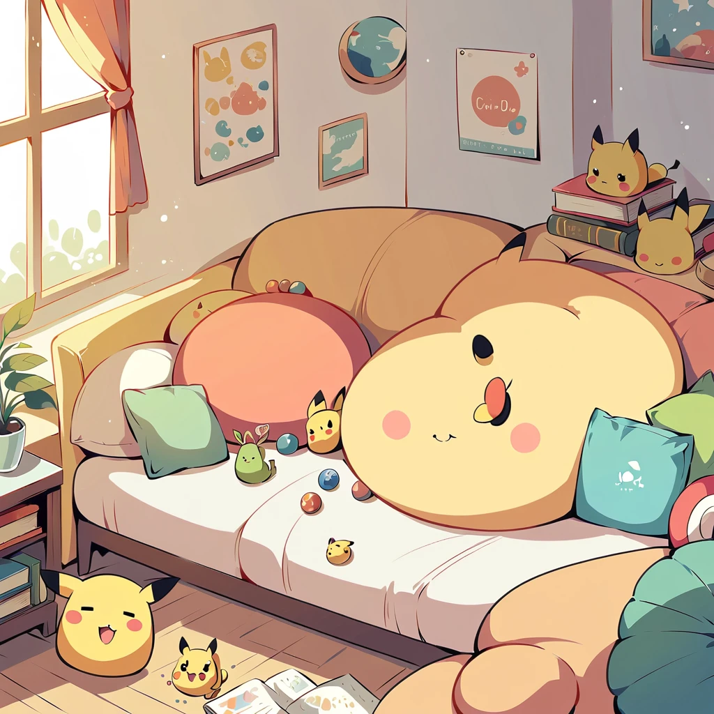 Create an adorable illustration of Pikachu taking a nap. Pikachu should be curled up on a comfy couch with a cozy blanket and a soft pillow. Surround Pikachu with a few toys and a book on a side table. The scene should feel warm and relaxing, perfect for a quiet afternoon nap