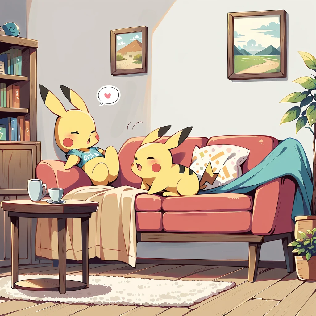 Create an adorable illustration of Pikachu taking a nap. Pikachu should be curled up on a comfy couch with a cozy blanket and a soft pillow. Surround Pikachu with a few toys and a book on a side table. The scene should feel warm and relaxing, perfect for a quiet afternoon nap