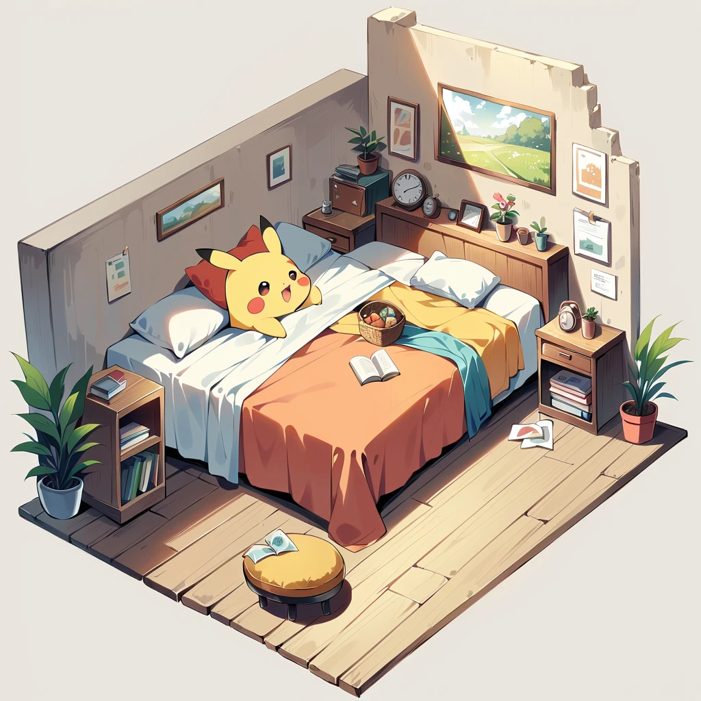 Create an adorable illustration of Pikachu taking a nap. Pikachu should be curled up on a comfy couch with a cozy blanket and a soft pillow. Surround Pikachu with a few toys and a book on a side table. The scene should feel warm and relaxing, perfect for a quiet afternoon nap
