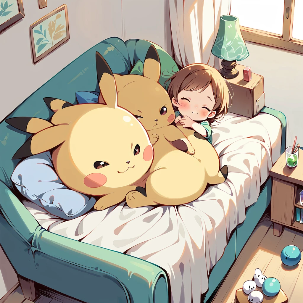 Create an adorable illustration of Pikachu taking a nap. Pikachu should be curled up on a comfy couch with a cozy blanket and a soft pillow. Surround Pikachu with a few toys and a book on a side table. The scene should feel warm and relaxing, perfect for a quiet afternoon nap