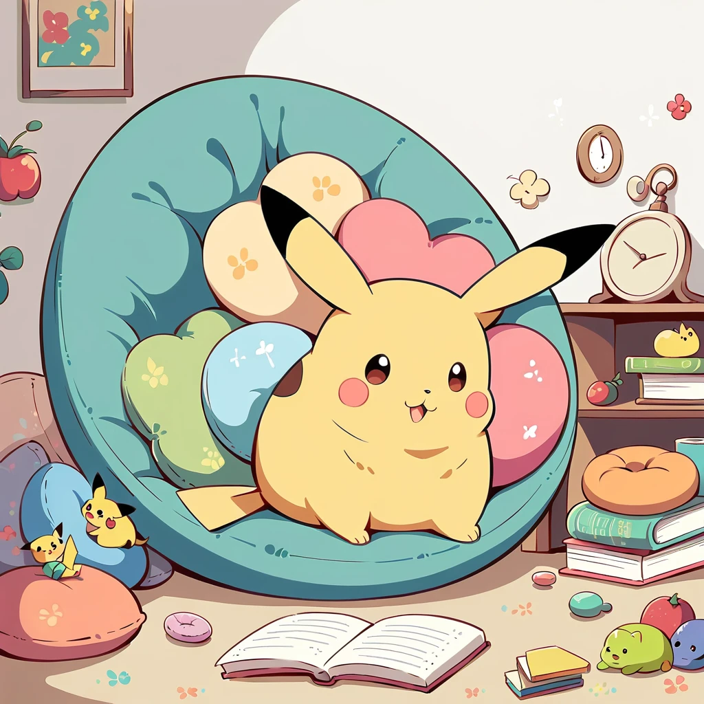 Create an adorable illustration of Pikachu taking a nap. Pikachu should be curled up on a comfy couch with a cozy blanket and a soft pillow. Surround Pikachu with a few toys and a book on a side table. The scene should feel warm and relaxing, perfect for a quiet afternoon nap