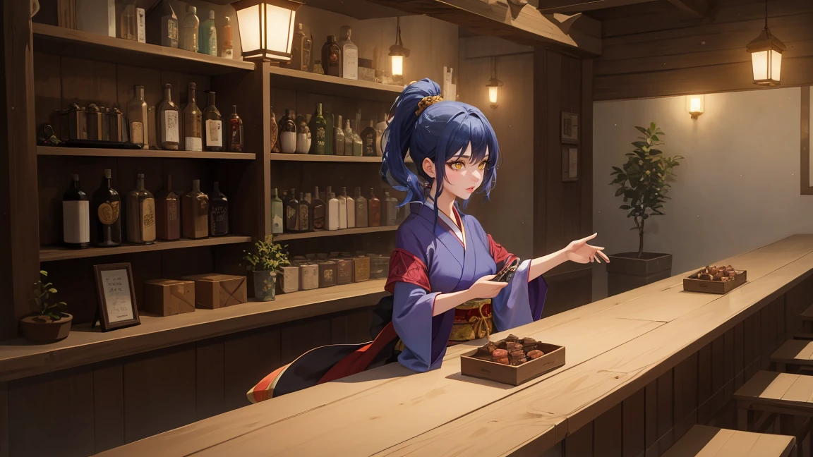 Anime style illustration of a female character based on SEED value 2768364320, depicted as a singer in a fantasy game tavern. The character is dressed in a whimsical, fantasy-inspired outfit, singing joyfully. Her deep blue-purple ponytail is styled dynamically. The background features a lively tavern scene with wooden tables, barrels, and warm lighting, creating an inviting and magical atmosphere, in the style of Japanese fantasy illustrations.