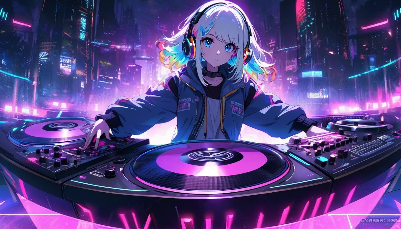 Handsome cute, Solitary, 1 female, Medium Length Hair, white hair, Rainbow hair, blue Eyes, Rainbow headphone, hip-hop stile, Futuristic, Cyberpunk, Cybernetics panoramic, in the night, real Dj, turn the turntable is uplifting,