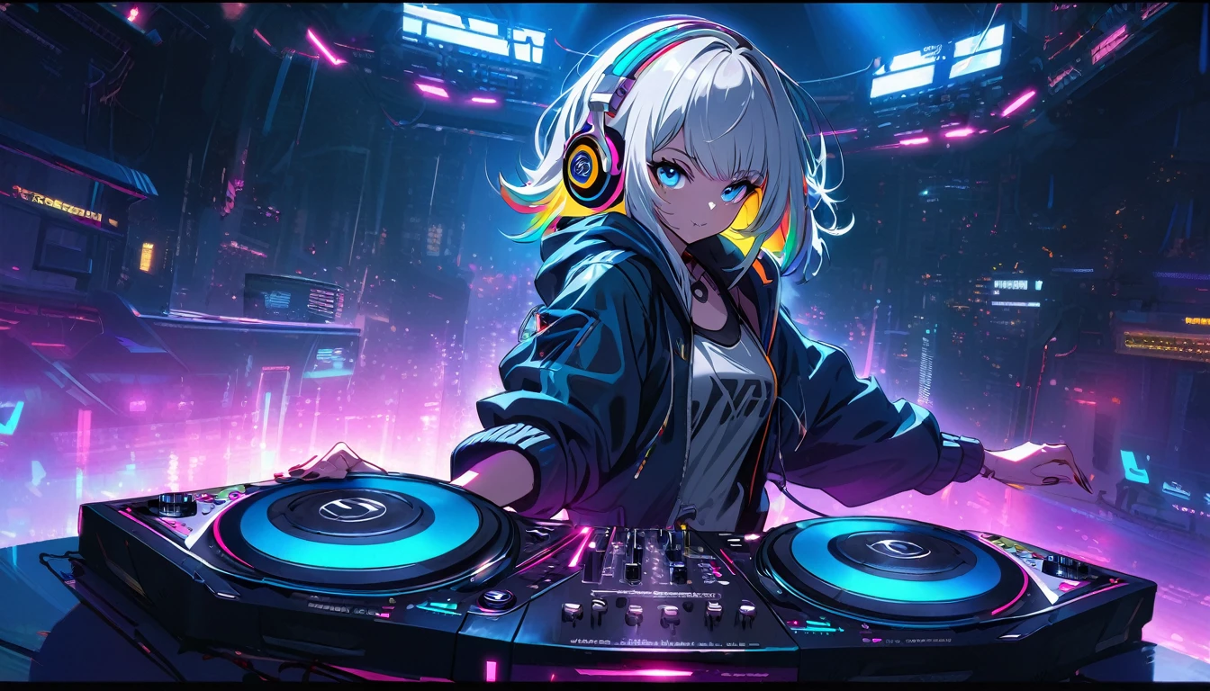 Handsome cute, Solitary, 1 female, Medium Length Hair, white hair, Rainbow hair, blue Eyes, Rainbow headphone, hip-hop stile, Futuristic, Cyberpunk, Cybernetics panoramic, in the night, real Dj, turn the turntable is uplifting,