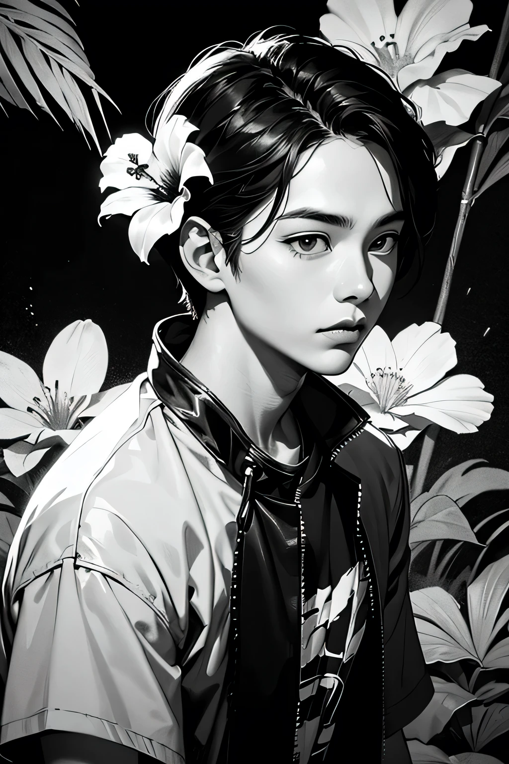 Create digital artwork in pop art, Featuring a bright and confident young asian boy，Street fashion, Movie Color Scheme, Surrounded by vintage floral motifs, Bright brush strokes,Emotions should be dynamic, upper-body, Drawing, illustartion, Grayscale, tropical, lots of flowers,