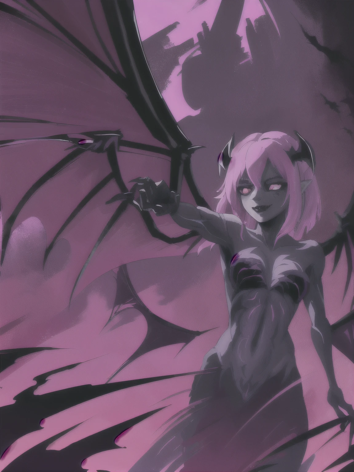 Lilith , a mythical creature female demons,The creature has outstretched wings and appears to be in an aggressive posture or ready to attack. a creature with a gothic look, a young woman with bat parts, a bat girl, humanoid and bat creature, dark fantasy with elements of reality, vibrant colors, deep shading.