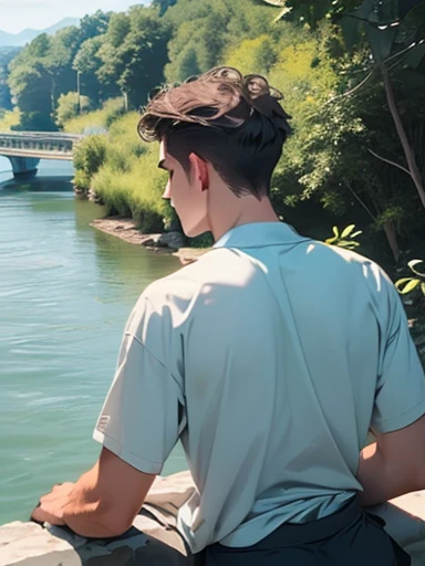 unreal engine: 1.4, ultra realistic CG 32K, photorealistic: 1.4, skin texture: 1.4, masterpiece: 1.4, perfectly proportioned body, ((Beautiful man Reflecting on the bank of the river, on his back with an earth-colored shirt and shorts and cyan:1.5)), he has his hands resting on his chin, thoughtful:1.4, ((epic beautiful landscape:1.4)).