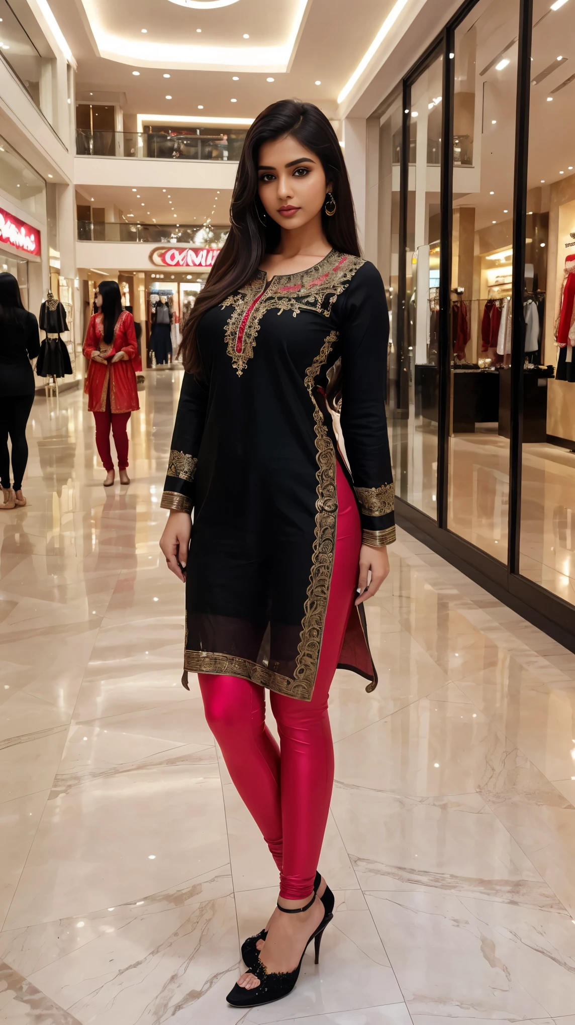 (gir in luxurious mall, shopping mall, luxurious Mall, luxurious place),
(((Full body shot:1.5))), (Indian babe), (wide standing position:0.8), (looking at viewers, front view shots), (masterpiece, hyper realistic, hyper detailed, photorealists:0.8), 1girl, 20 years old lady, 16k, FHD, UHD, high quality pictures, extremely detailed, candid brightness, candid shots, extreme detailed, colorful, highest detailed, (iconic picture shot, perfect brightness, perfect contrast, perfect colour), (pretty face, iconic face), (detailed face, detailed eye, detailed lips, detailed neck, ultra realistic face, ultra realistic eye, ultra realistic lips), (attractive hair style, detailed hair style), (sagging perky breasts, perfect rounded breasts, attractive breasts), (attractive body figure, perfect body figure, perfect figure, curvy_figure attractive, hourglass body), (beautiful High heels, fancy high heels:0.8), 
(beautiful girl in Indian outfits), 
(beautiful and aesthetic:1.2), (zentangle, mandala, tangle, entangle), 
((Masterpiece straight-line kurta, luxurious kurta, iconic kurta), (fancy A-line kurta), (embroidery red kurta), red iconic kurta, flared kurta, long skinny sleeves, ruffled neck kurta, fancy leggings, black leggings).