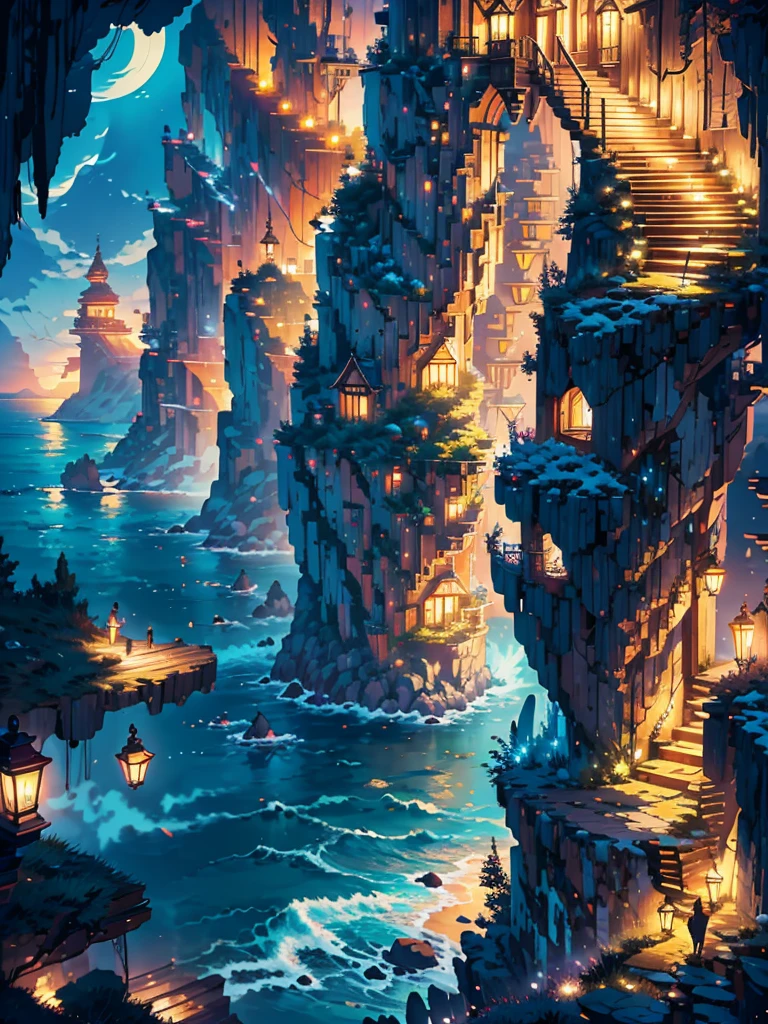 a painting of a old wooden vintage stairs a anime sea side night, anime background art, cozy balcony background, the moonlight beauty, the sea water is shining in moonlight, anime background, beautiful ambiance, beautiful ambience, anime scenery, beautiful anime scene, beautiful anime scenery, anime aesthetic, beautiful detailed scene, overlooking the ocean, watching the sun set. anime, scenery wallpaper aesthetic, golden hour scene, anime vibes, Ultra HD, 4k wallpaper