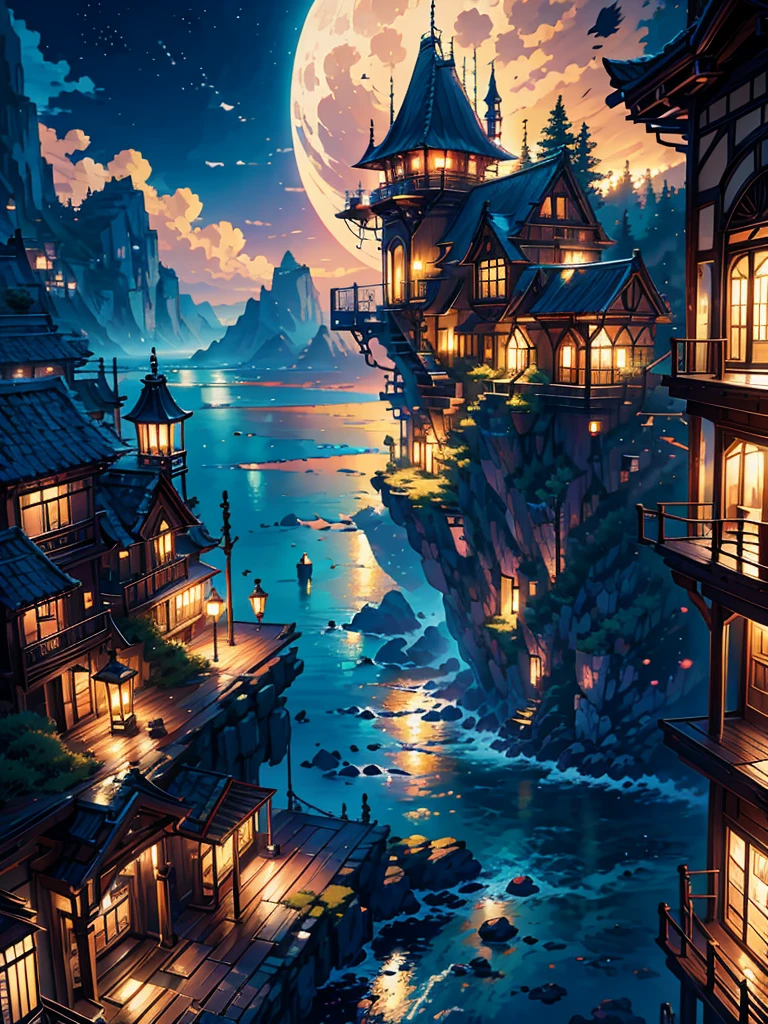 a painting of a old wooden vintage stairs a anime sea side night, anime background art, cozy balcony background, the moonlight beauty, the sea water is shining in moonlight, anime background, beautiful ambiance, beautiful ambience, anime scenery, beautiful anime scene, beautiful anime scenery, anime aesthetic, beautiful detailed scene, overlooking the ocean, watching the sun set. anime, scenery wallpaper aesthetic, golden hour scene, anime vibes, Ultra HD, 4k wallpaper