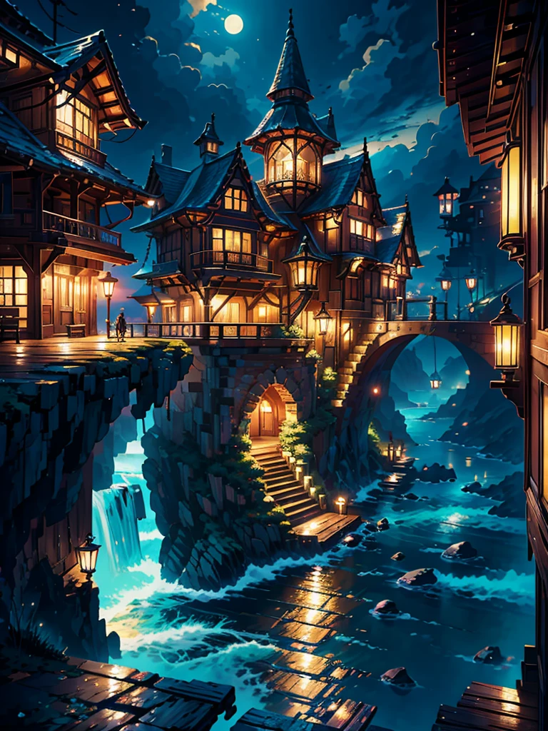 a painting of a old wooden vintage stairs a anime sea side night, anime background art, cozy balcony background, the moonlight beauty, the sea water is shining in moonlight, anime background, beautiful ambiance, beautiful ambience, anime scenery, beautiful anime scene, beautiful anime scenery, anime aesthetic, beautiful detailed scene, overlooking the ocean, watching the sun set. anime, scenery wallpaper aesthetic, golden hour scene, anime vibes, Ultra HD, 4k wallpaper