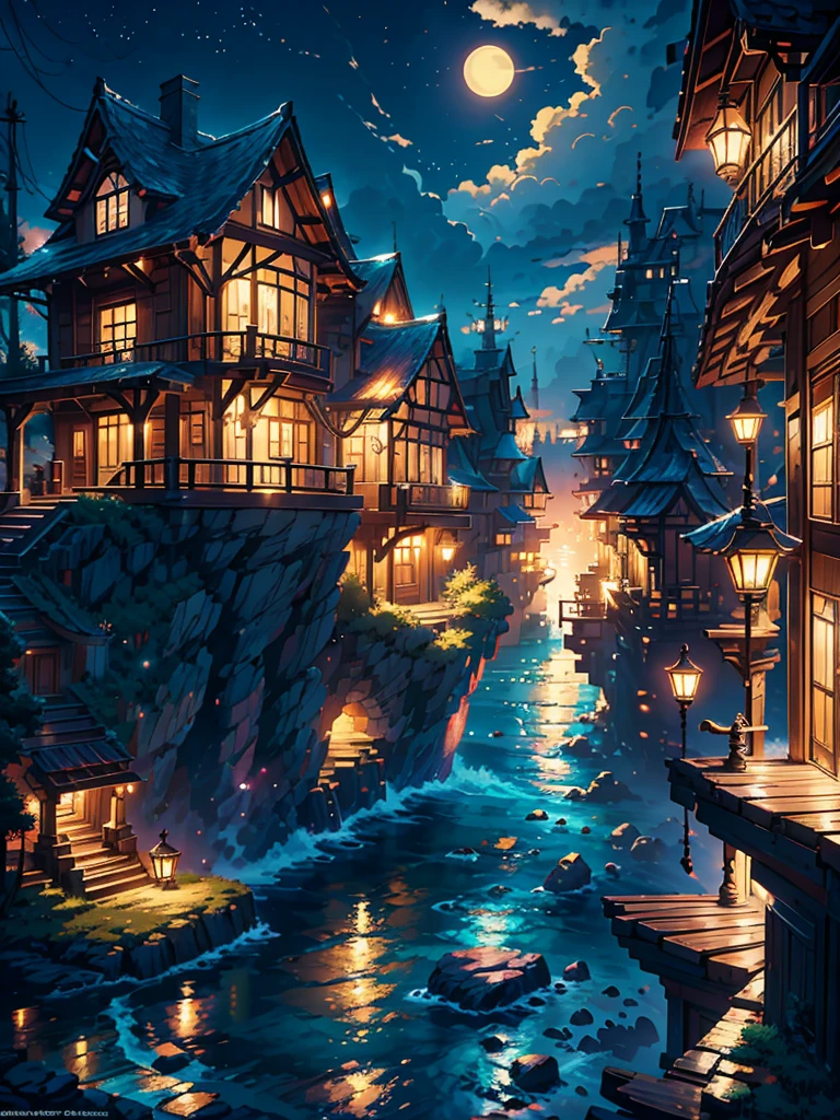 a painting of a old wooden vintage stairs a anime sea side night, anime background art, cozy balcony background, the moonlight beauty, the sea water is shining in moonlight, anime background, beautiful ambiance, beautiful ambience, anime scenery, beautiful anime scene, beautiful anime scenery, anime aesthetic, beautiful detailed scene, overlooking the ocean, watching the sun set. anime, scenery wallpaper aesthetic, golden hour scene, anime vibes, Ultra HD, 4k wallpaper