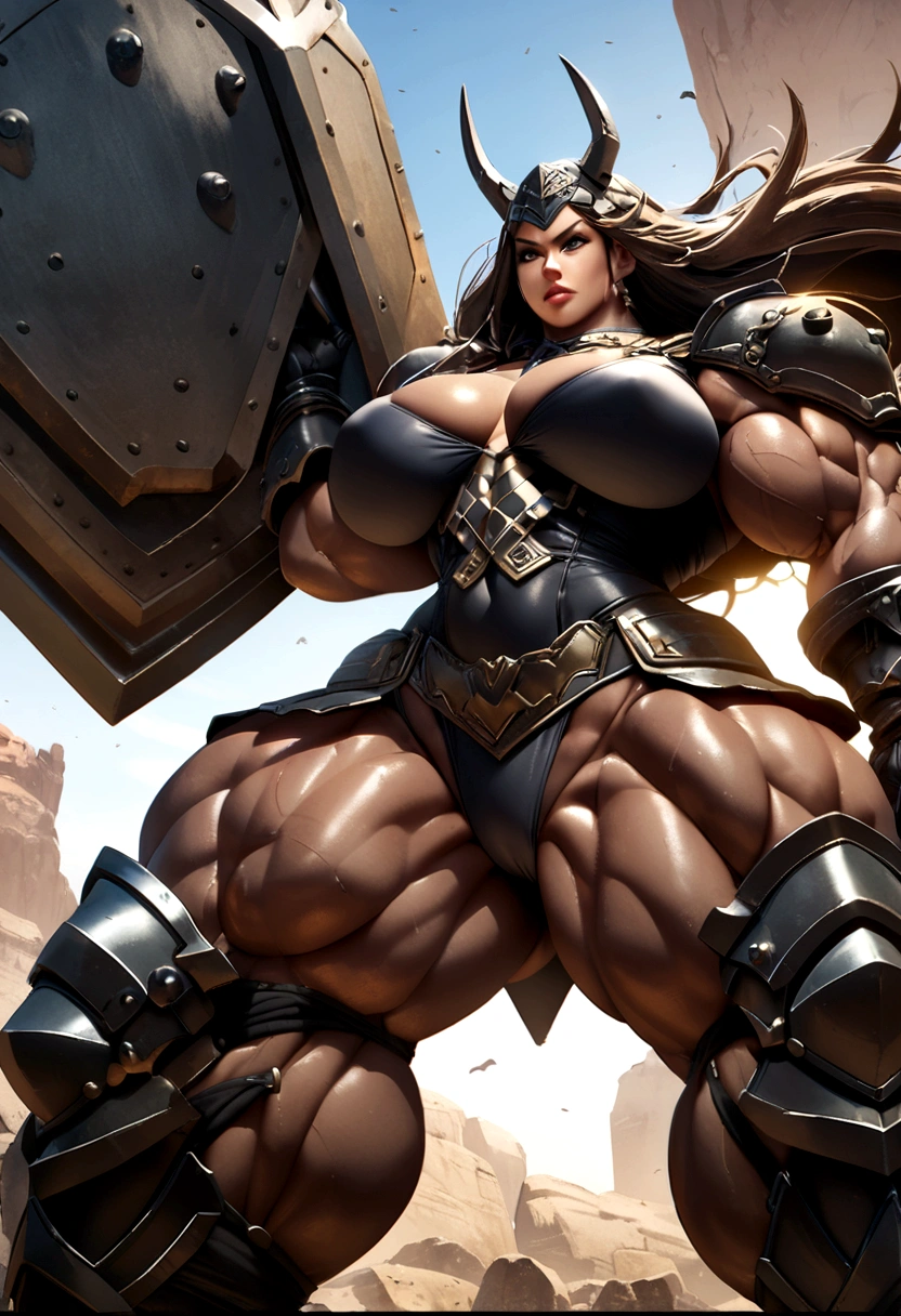 huge muscle woman wearign swords and shield