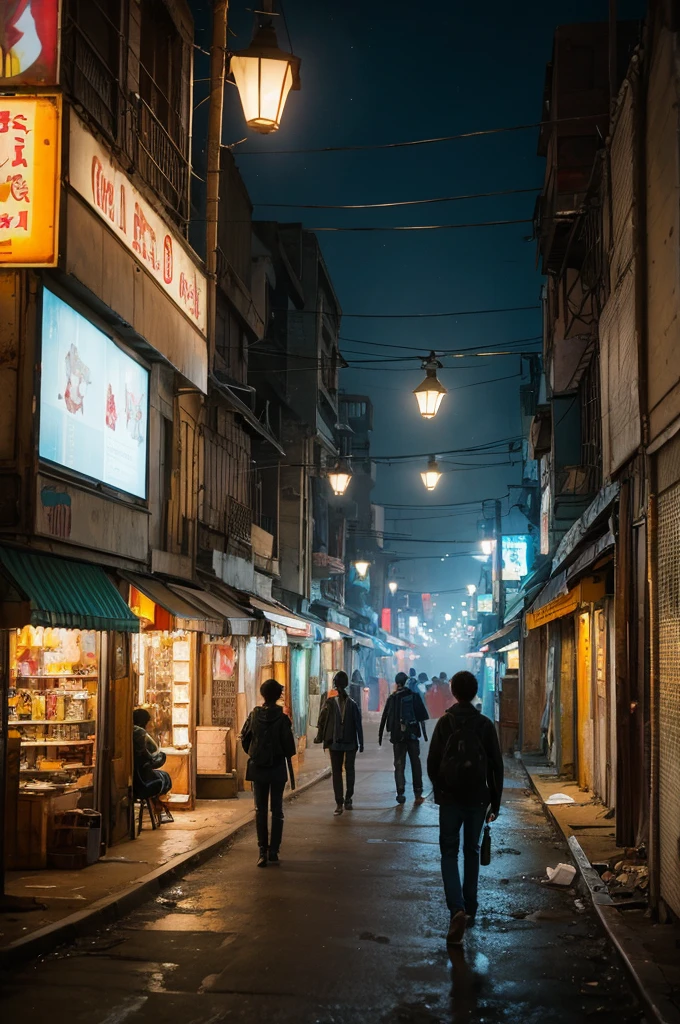 A night scene in a slum, illuminated by streetlights, with a background of a desolate shopping street. The scene is devoid of people, emphasizing the emptiness of the area. The environment is captured in hyper-realistic detail, with high-definition quality akin to a movie. The style combines watercolor painting, deep focus blur, and ray tracing. The artistic influences include ArtStation, Pixiv, gwise, Makoto Shinkai, and Artgerm.