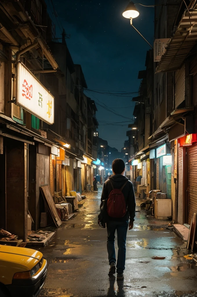 A night scene in a slum, illuminated by streetlights, with a background of a desolate shopping street. The scene is devoid of people, emphasizing the emptiness of the area. The environment is captured in hyper-realistic detail, with high-definition quality akin to a movie. The style combines watercolor painting, deep focus blur, and ray tracing. The artistic influences include ArtStation, Pixiv, gwise, Makoto Shinkai, and Artgerm.