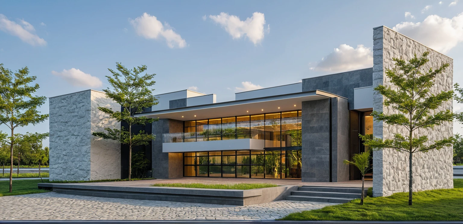 Masterpiece, high quality, best quality, 3d rendering, super detailed, outdoor, two-story villa, aiaigroup, modern house style on the street, stairs, white wall, accent wall Gray stone cladding on the left, road, sidewalk, grass, trees, sky, clouds, (daylight: 1.1)