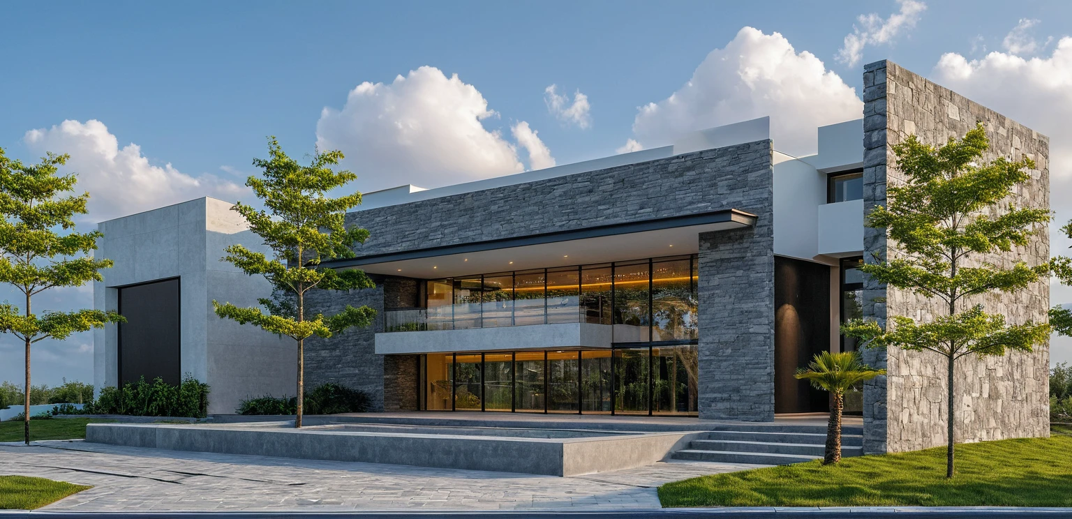 Masterpiece, high quality, best quality, 3d rendering, super detailed, outdoor, two-story villa, aiaigroup, modern house style on the street, stairs, white wall, accent wall Gray stone cladding on the left, road, sidewalk, grass, trees, sky, clouds, (daylight: 1.1)
