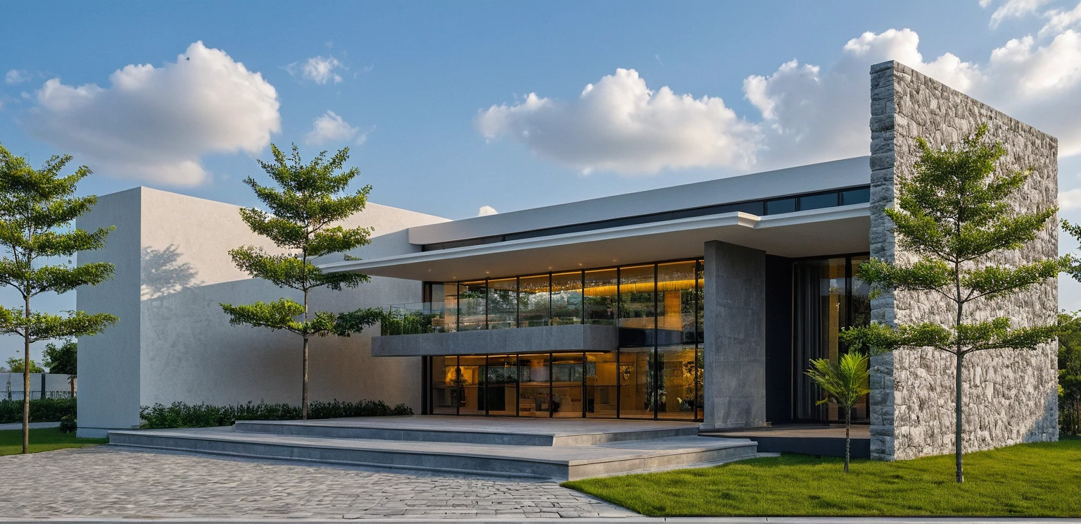 Masterpiece, high quality, best quality, 3d rendering, super detailed, outdoor, two-story villa, aiaigroup, modern house style on the street, stairs, white wall, accent wall Gray stone cladding on the left, road, sidewalk, grass, trees, sky, clouds, (daylight: 1.1)