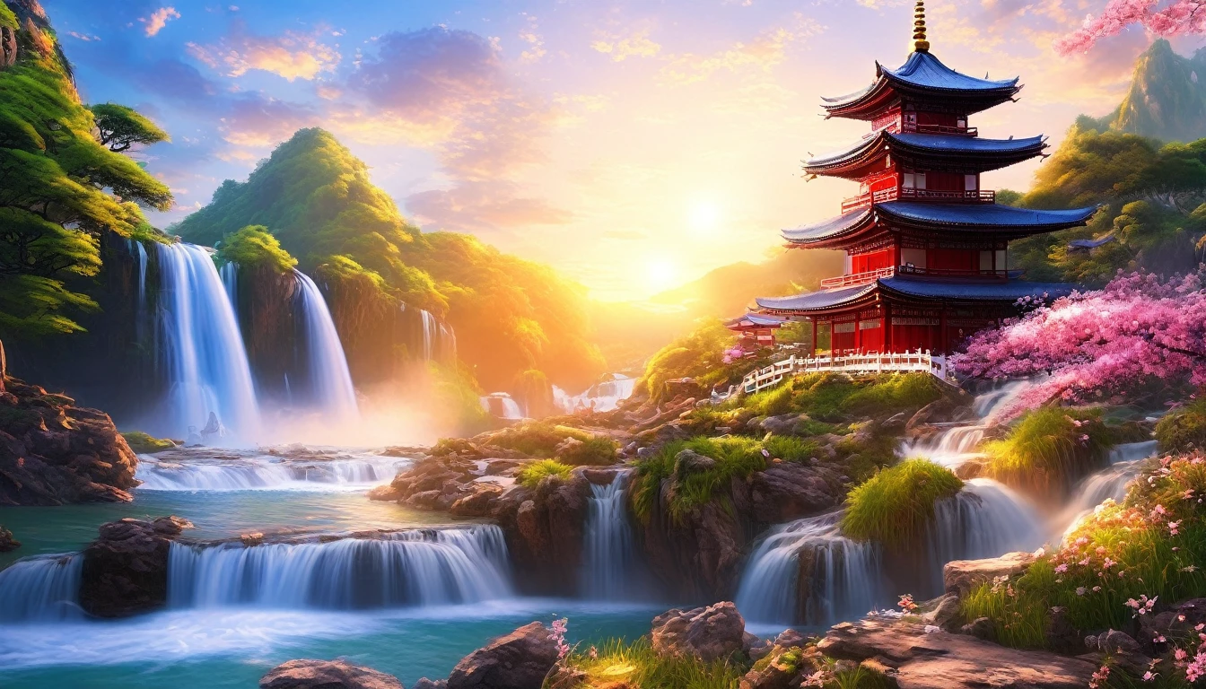 backgroundสไตล์จีน, backgroundภูเขานิกายเซียนอมตะ, Immortal Light, slightly elevated view, ((background:1.8))
(Highest quality,Masterpiece, complicated,very detailed,realistic,raw photos,8k ultra hd,Ultra high resolution,photorealistic style,cinematic scene, Sharp focus,incredible light,very detailed CG ユニティ壁紙) ,Sew,Tower and waterfall,sunrise,