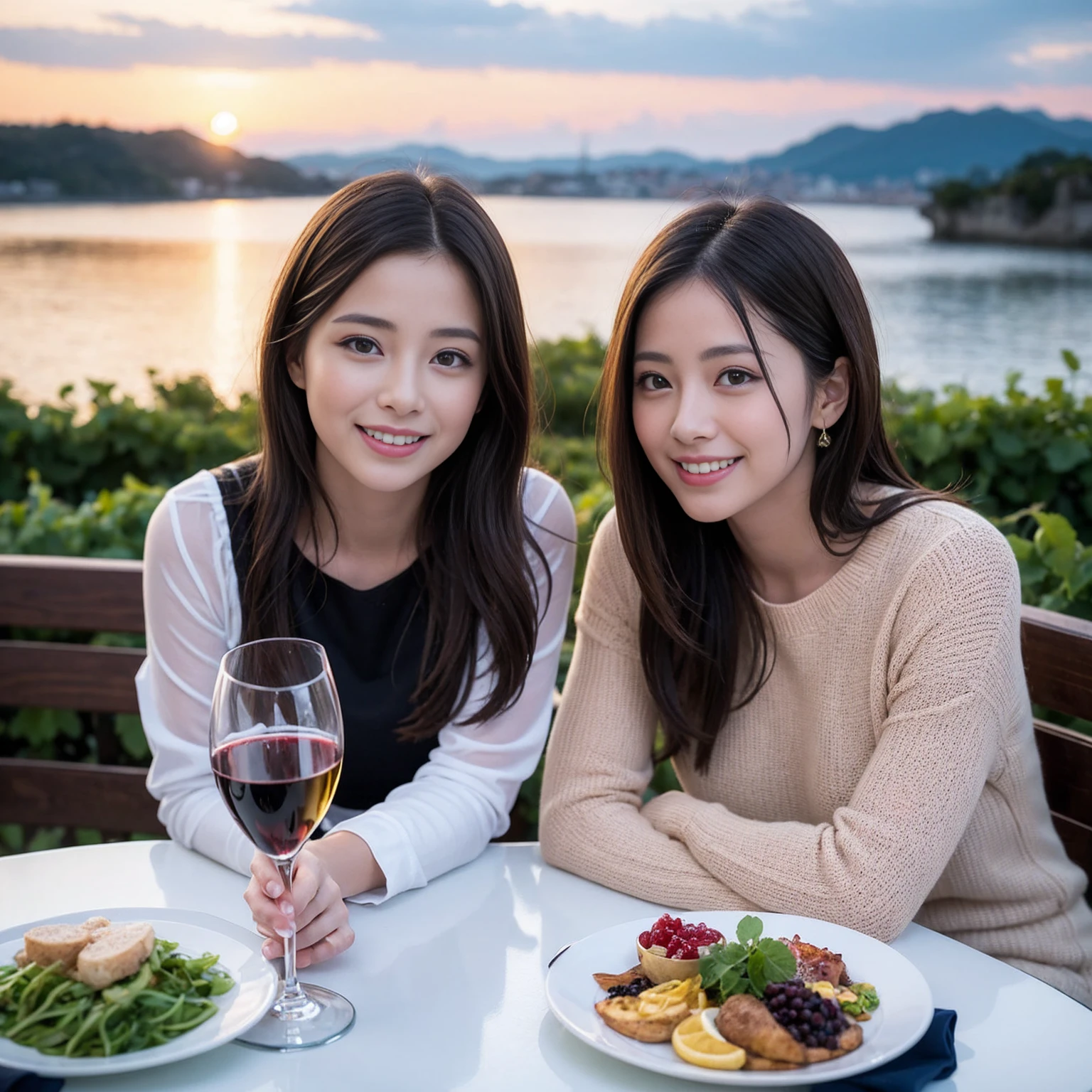 ((Highest quality、8K、masterpiece:1.3))、 (Genuineistic, Genuine、Bright image、Intricate details:1.2), 最高のsmile、1 male,1 female、Beautiful couple、Satomi Ishihara-like lover、Good friends、actress couple、smile、A full-course dinner with a full table、 (Slim face), (the body is slim), (Brown Hair), (short hair), テーブルのwine glass、Please shine a light on my face、 Amazing view of the sunset sky and clouds、36 years old)38 years old, red wine 、Wine bottle、sparkling wine、Long sleeve shirt、Pink Dress、White wine, red wine, wine glass,