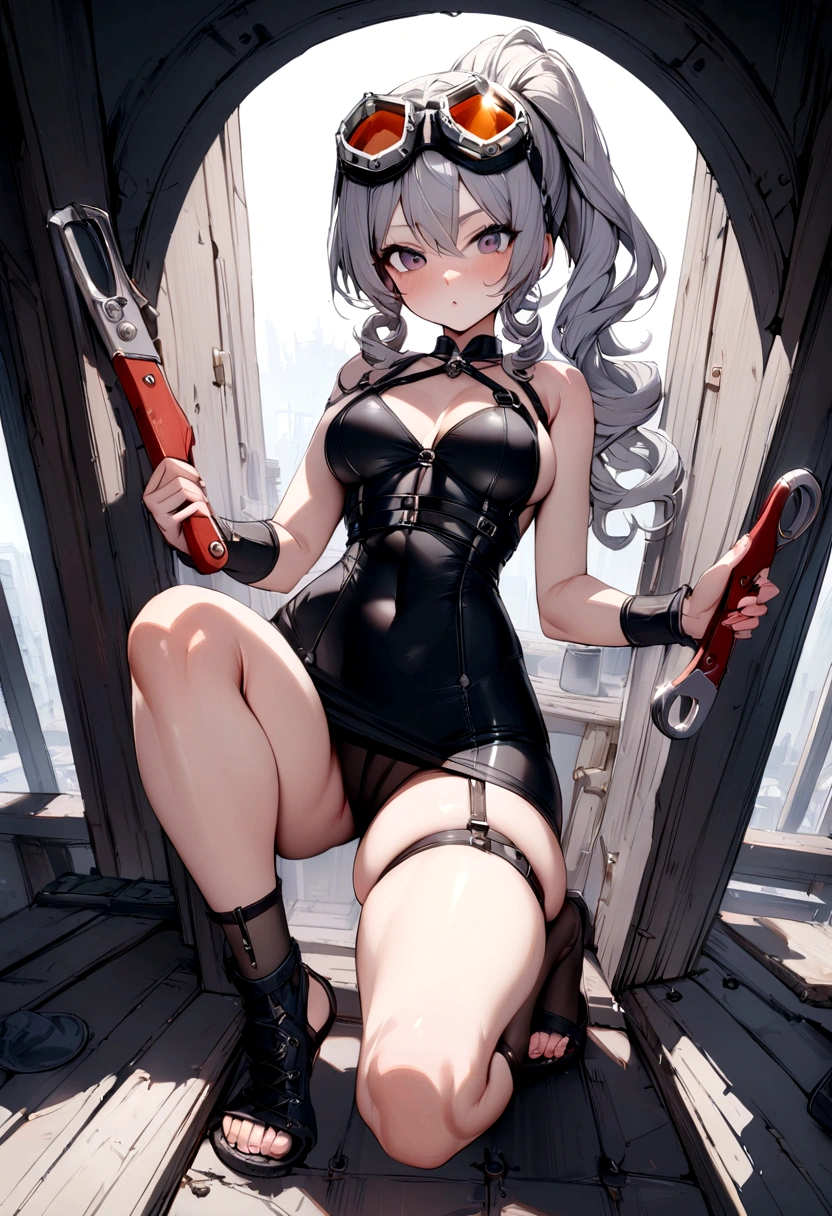 masterpiece, Highest quality, One girl,small,small胸,Long Curly Hair,Grey Hair,Goggles on head,White,ponytail,Triumphant look,holding a spanner,(Depicted to the feet),View your viewers
