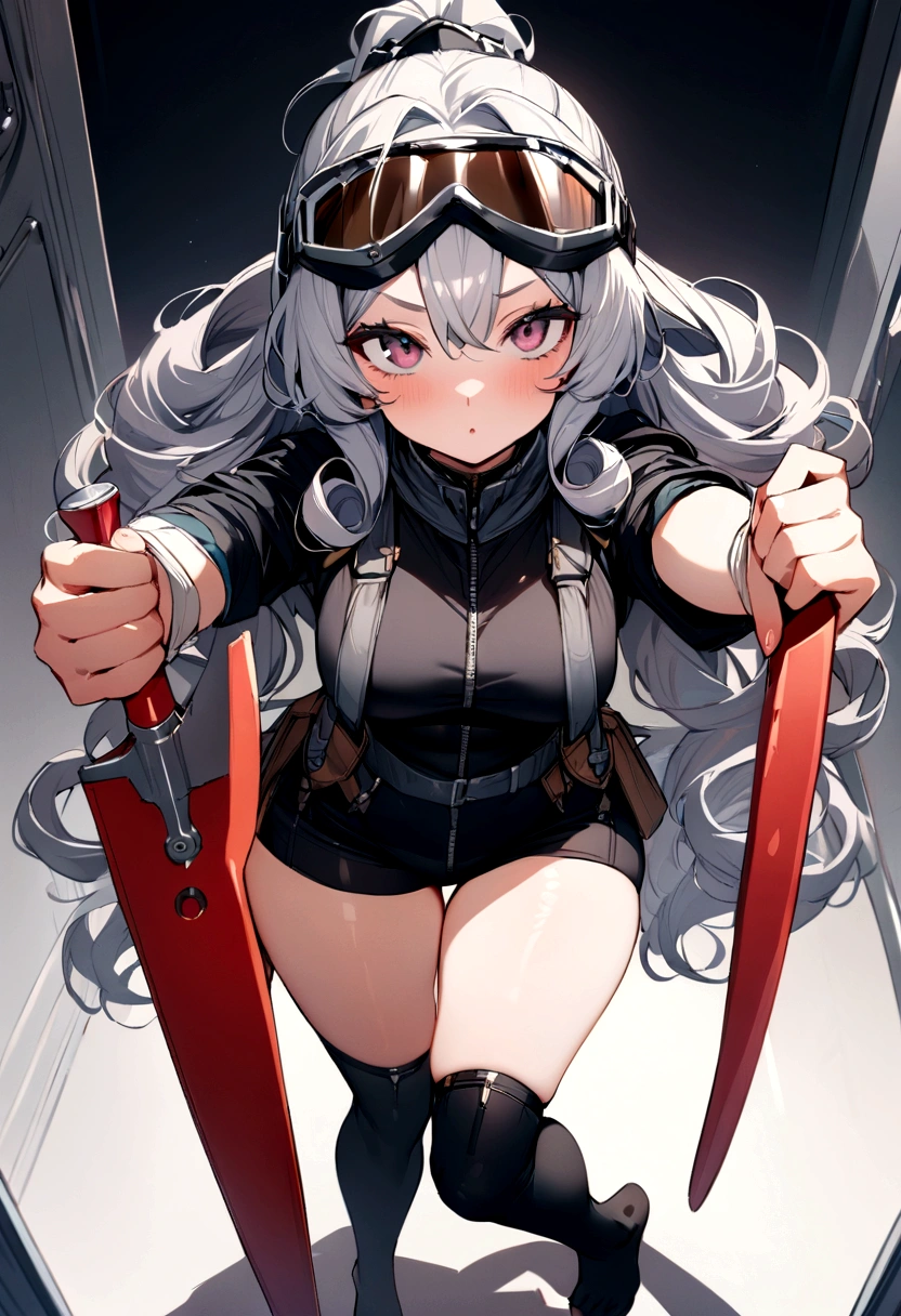 masterpiece, Highest quality, One girl,small,small胸,Long Curly Hair,Grey Hair,Goggles on head,White,ponytail,Triumphant look,holding a spanner,(Depicted to the feet),View your viewers