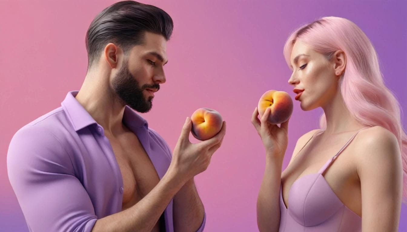 spotry naked musculin european man licking a peach in front of blond woman, he hold smartphone in his hand, we can see his face close, minimalistic, in a light purple and pink style, with soft edges and blurred details, in the toycore style, with a 3D render, on a colorful background, with a minimalist stage design, in a surreal style, with a cinema4D rendering, with a minimalist style, with low saturation, using gradient colors, with a cinema4D rendering, with a blender rendering, with super detail, at a super high resolution, at a super high definition
