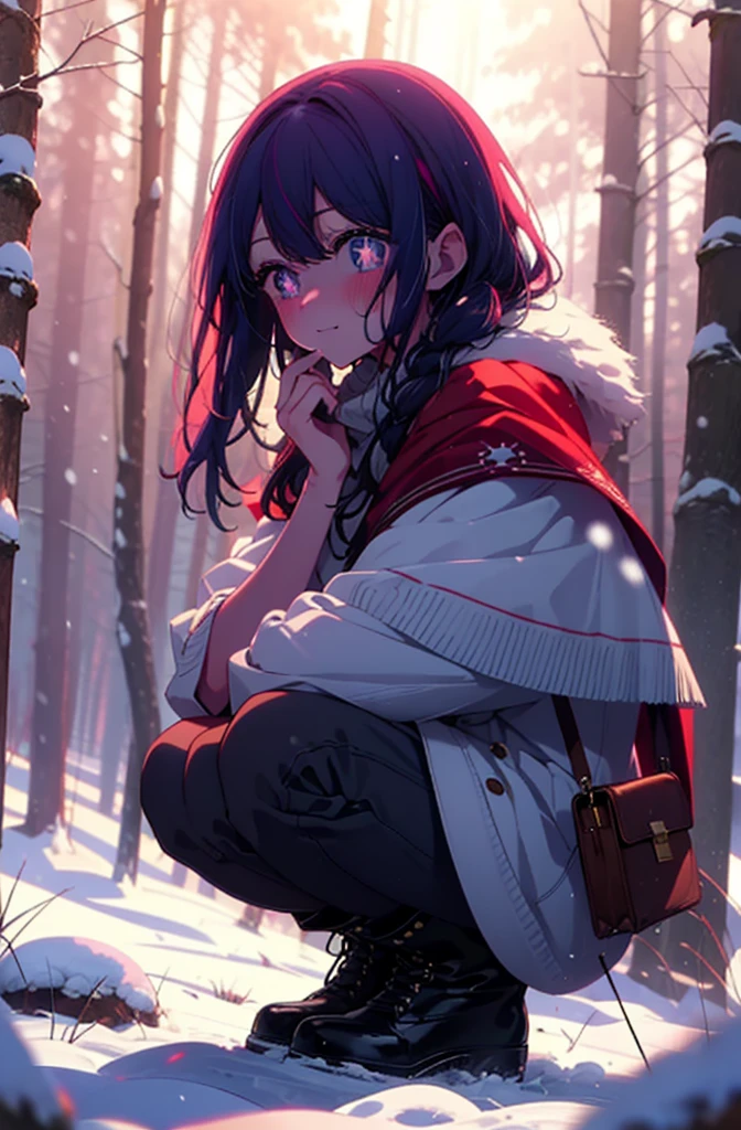 aihoshino, Ai Hoshino, Long Hair, bangs, (Purple eyes:1.1), Purple Hair, (Symbol-shaped pupil:1.5), smile,,smile,blush,White Breath,
Open your mouth,snow,Ground bonfire, Outdoor, boots, snowing, From the side, wood, suitcase, Cape, Blurred, , forest, White handbag, nature,  Squat, Mouth closed, Cape, winter, Written boundary depth, Black shoes, red Cape break looking at viewer, Upper Body, whole body, break Outdoor, forest, nature, break (masterpiece:1.2), Highest quality, High resolution, unity 8k wallpaper, (shape:0.8), (Beautiful and beautiful eyes:1.6), Highly detailed face, Perfect lighting, Highly detailed CG, (Perfect hands, Perfect Anatomy),