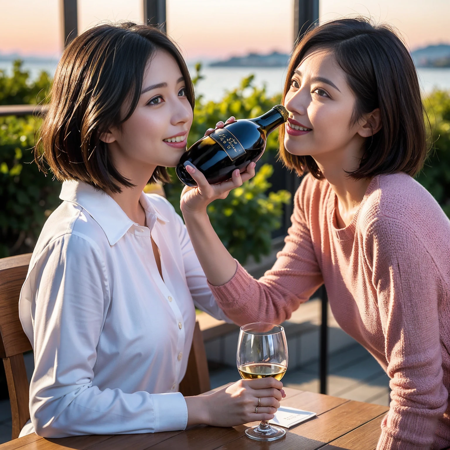 ((Highest quality、8K、masterpiece:1.3))、 (Genuineistic, Genuine、Bright image、Intricate details:1.2), 最高のsmile、1 male,1 female、Beautiful couple、Satomi Ishihara-like lover、Good friends、actress couple、smile、A full-course dinner with a full table、 (Slim face), (the body is slim), (Brown Hair), (short hair), テーブルのwine glass、Please shine a light on my face、 Amazing view of the sunset sky and clouds、 (36 years old)38 years old, red wine 、Wine bottle、sparkling wine、Long sleeve shirt、Pink Dress、White wine, red wine, wine glass, 