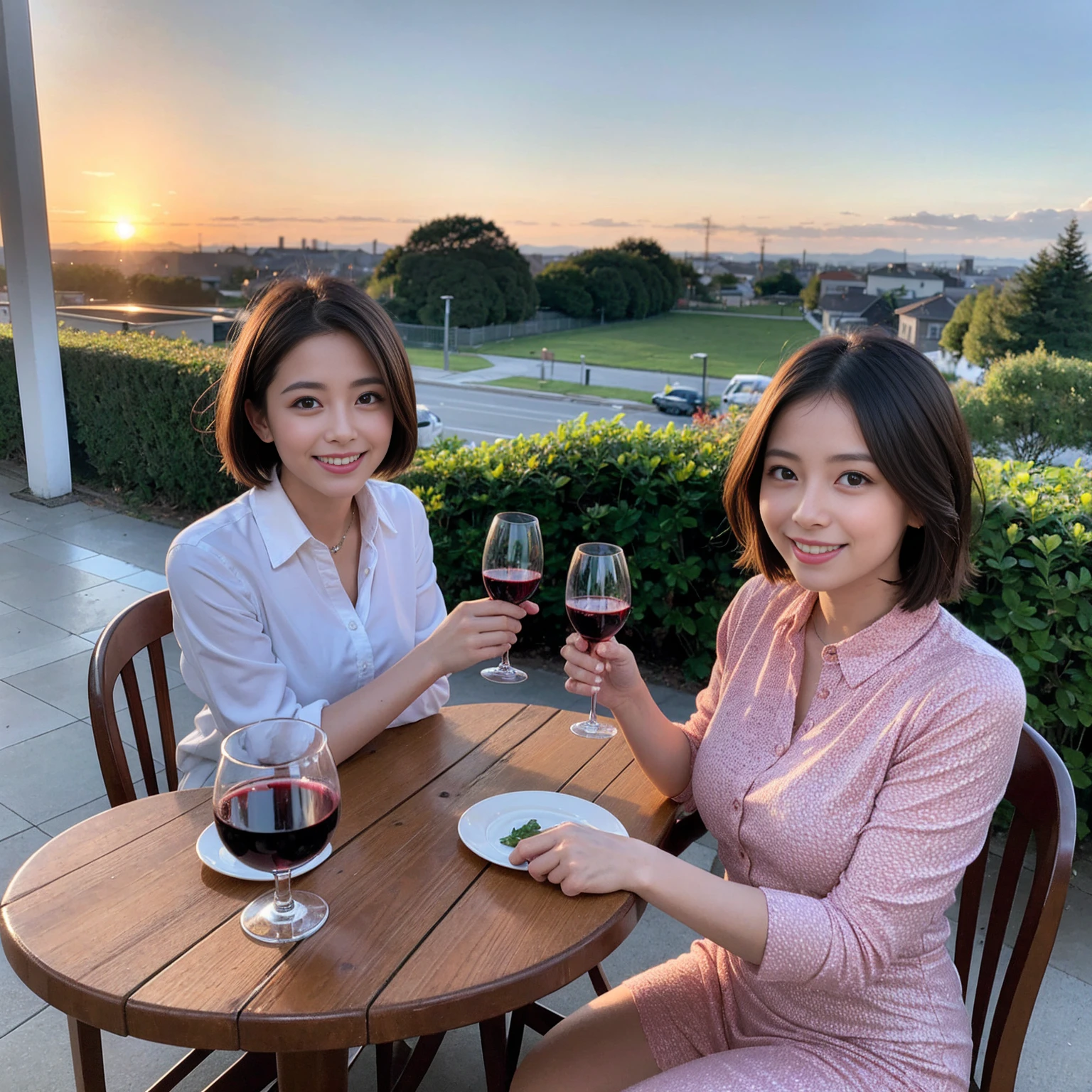 ((Highest quality、8K、masterpiece:1.3))、 (Genuineistic, Genuine、Bright image、Intricate details:1.2), 最高のsmile、1 male,1 female、Beautiful couple、Satomi Ishihara-like lover、Good friends、actress couple、smile、A full-course dinner with a full table、 (Slim face), (the body is slim), (Brown Hair), (short hair), テーブルのwine glass、Please shine a light on my face、 Amazing view of the sunset sky and clouds、 (36 years old)38 years old, red wine 、Wine bottle、sparkling wine、Long sleeve shirt、Pink Dress、White wine, red wine, wine glass, 
