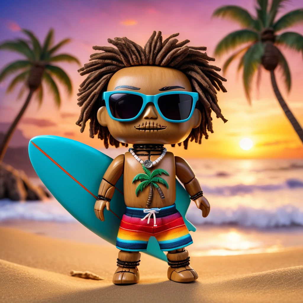 (knitted toy voodoo doll:1.7), (Voodoo Doll Surfer:1.3), (Clothing: casual beachwear with wave patterns:1.0), (Accessories: enchanted surfboard emitting blue light, levitating seashells:1.1), (background: sunny beach with floating sand particles, glowing palm trees, and spectral surfers:1.2), best quality, masterpiece, detailed soft oil painting, detailed background, dramatic cinematic lighting, soft edge lighting, professional, dramatic lighting, hard edge lighting, ultra quality, 4k, masterpiece, best quality, 8k, ultra high definition, high resolution, extremely detailed