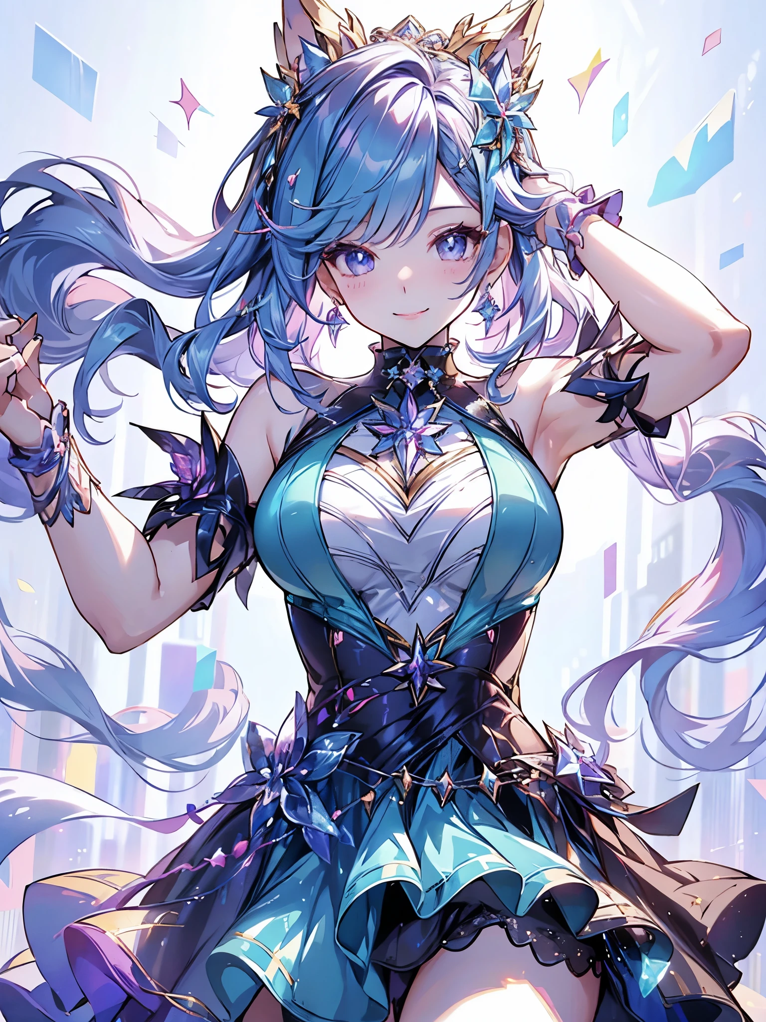 Anatomically correct body、１People Girls、A sparkling idol stage、Colorful and gorgeous dress、Smile brightly、Wink